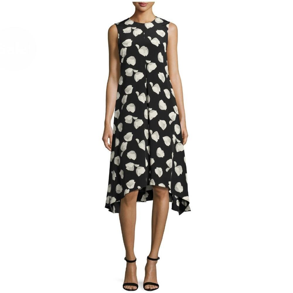 Theory Nophella B Harper Print Silk Dress 6 Black‎ White Flower Midi Sleeveless